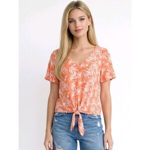 Nine Britton Orange Leaf Patterned V-neck Flutter Sleeve Front Tie Blouse Sz M